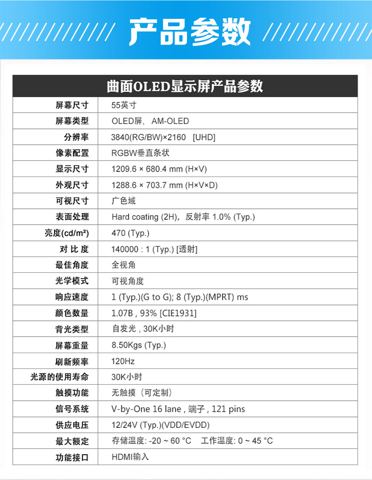 oled曲面屏參數